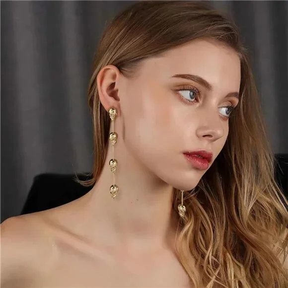 WOWORAMA Gold Skull Earrings | Gothic Hip Hop Halloween Jewelry - Picture 3 of 6